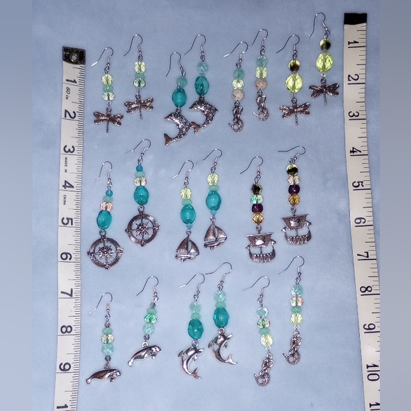 Uranium Glass Beaded Earrings Silver Charms Vintage Beads Blue Yellow Green Purp - Picture 6 of 12